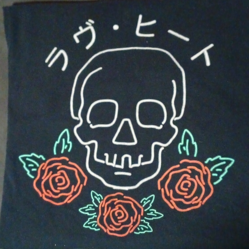 Rebels & Nomads Skull With 3 Roses Japanese Kanji Black T-Shirt Mens L